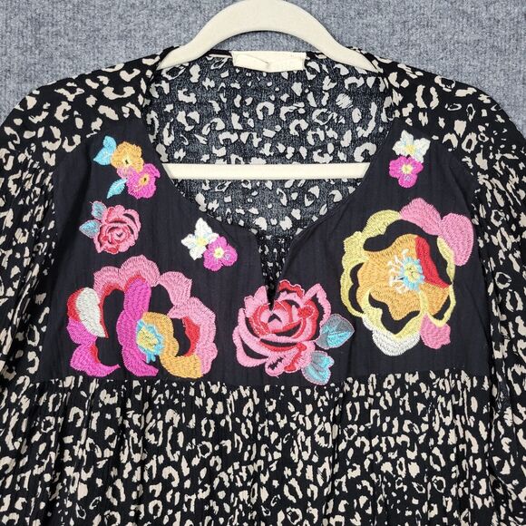 SAVANNA JANE Black Floral Embroidered Leopard Print Mixed Media Boho Top SIZE 1X - Picture 3 of 10